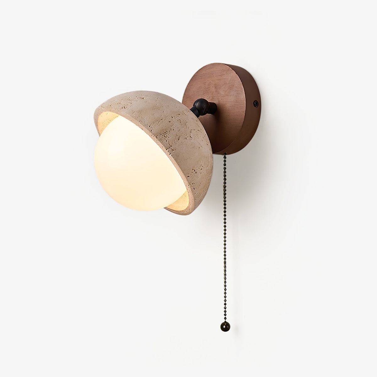 Cavix wandlamp met halve maan van geel travertin en walnoothout