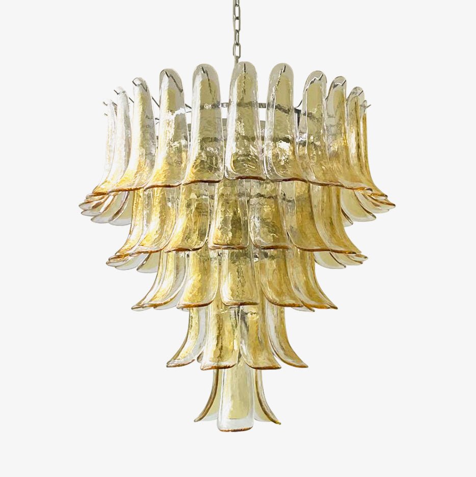Celorian kroonluchter met amberkleurige Murano-glasbloemblaadjes in gelaagde lotusbloemen met bloemblaadjes