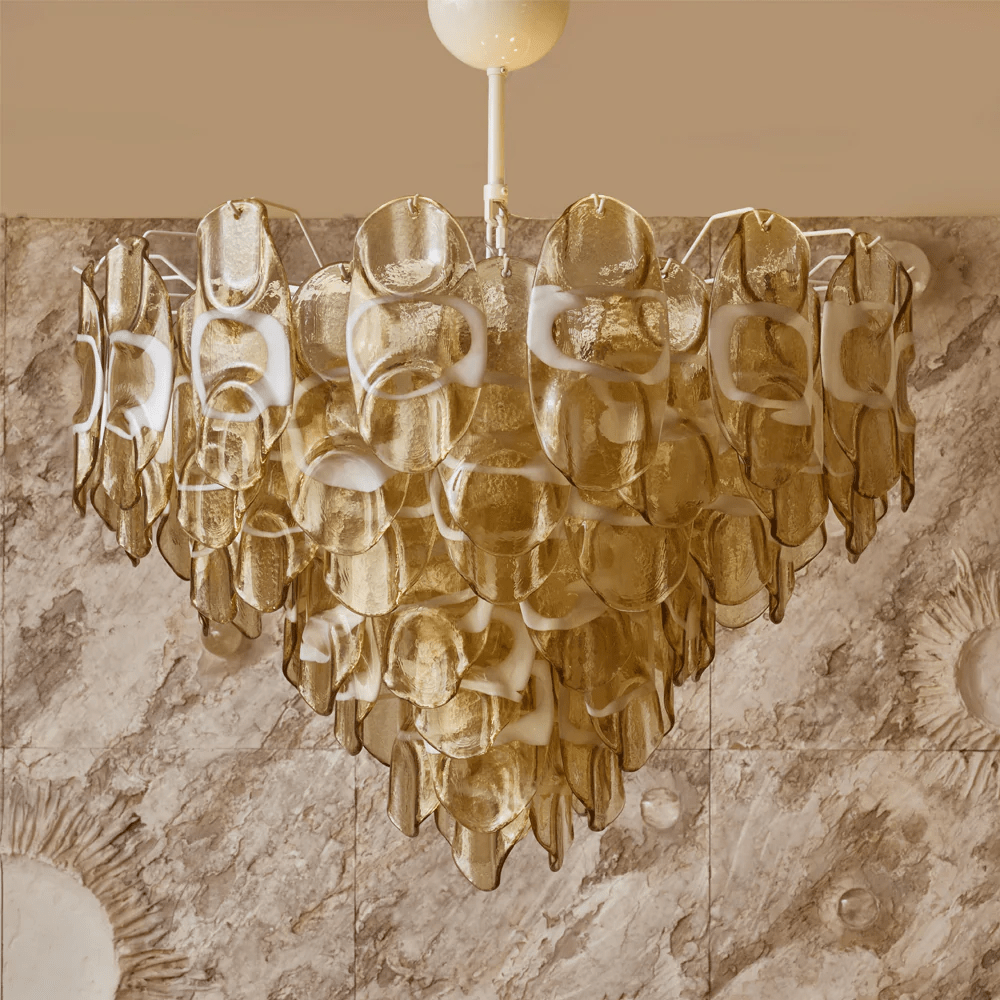 Celuora kroonluchter met gelaagde amberkleurige Murano-glas ovaalvormige druppels