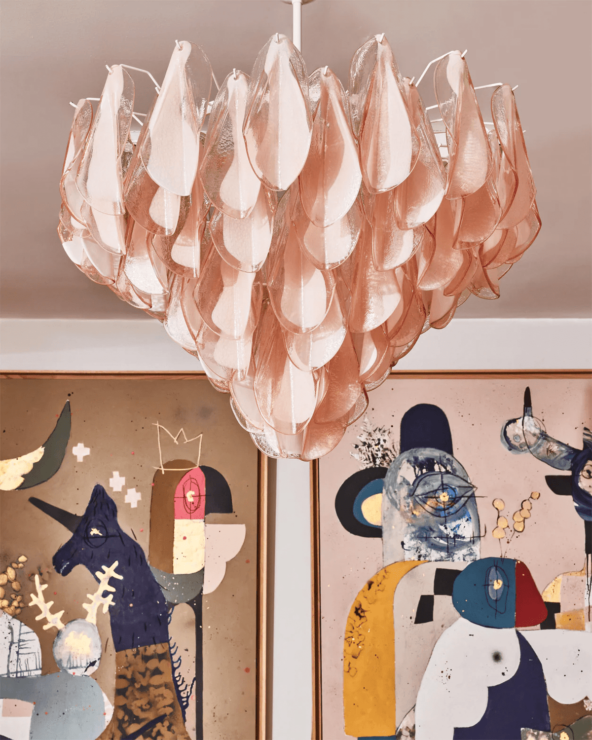 Celuora kroonluchter met gelaagde amberkleurige Murano-glas ovaalvormige druppels
