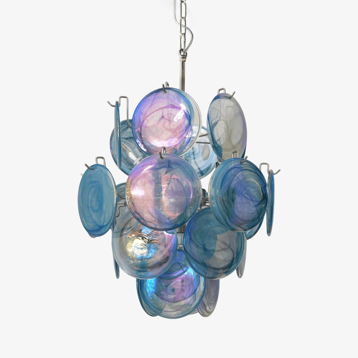 Liororine kroonluchter met blauwe Murano-glas schijven in vintage stijl