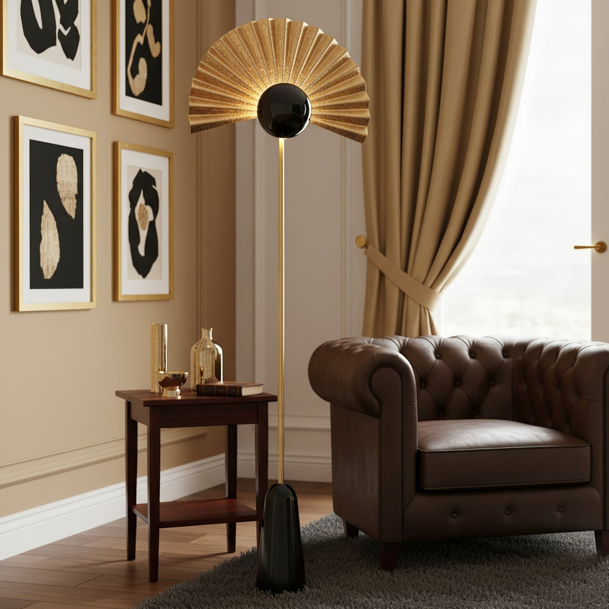Solvaar vloerlamp met goudkleurige ventilatorkap