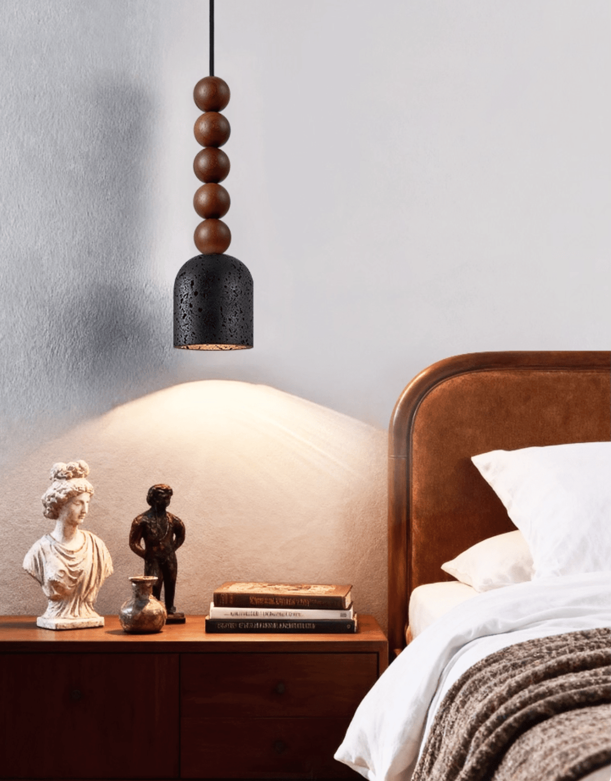 Tavirine hanglamp met houten kralen en travertin