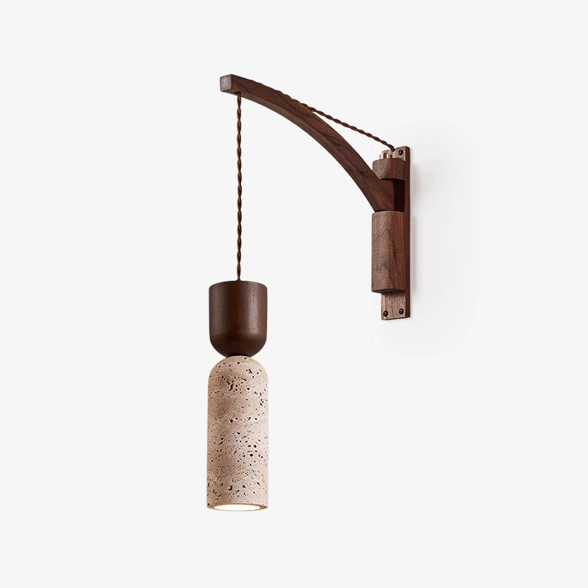 Lestemore wandlamp met walnootarmatuur en gele travertin kap