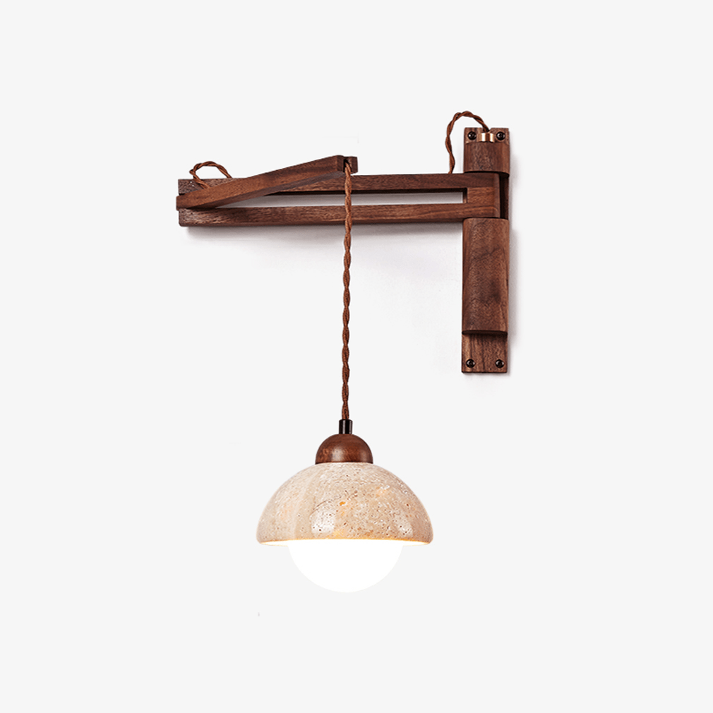 Arboren aanpasbare wandlamp met walnootkleurige draaibaar arm en geel travertin kap