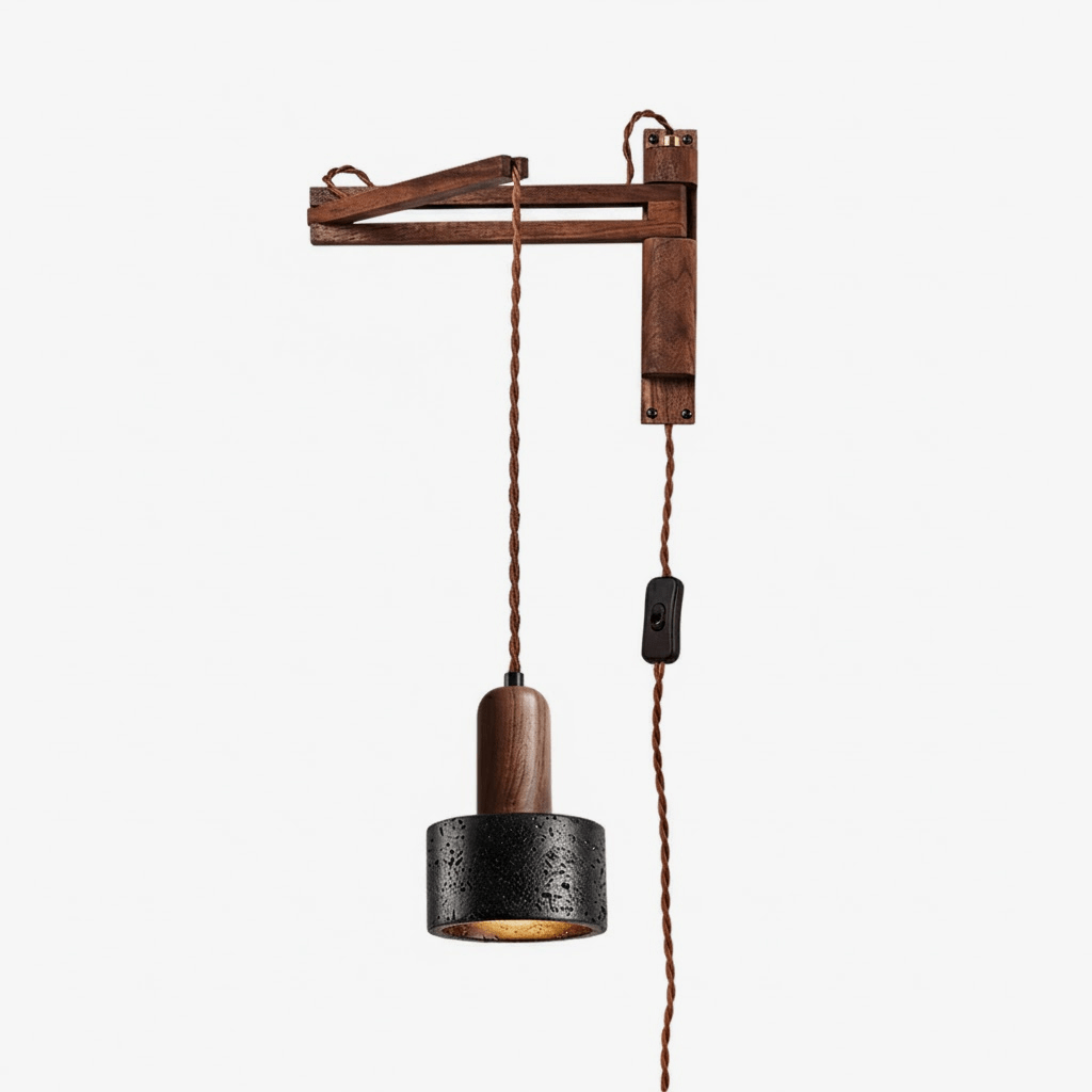 Nulso wandlamp met verstelbare arm, zwart travertin en walnoothout