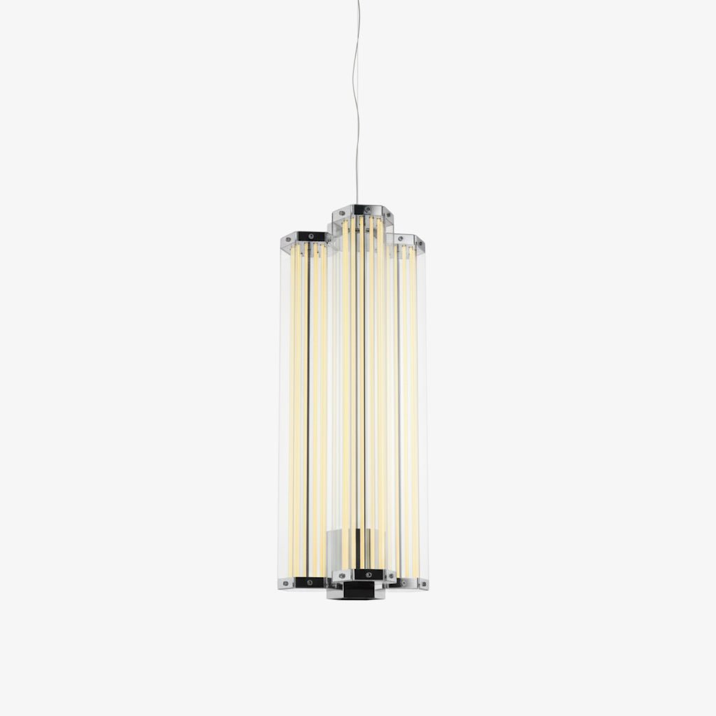 Hexagonal hanglamp van glas met chroomkader