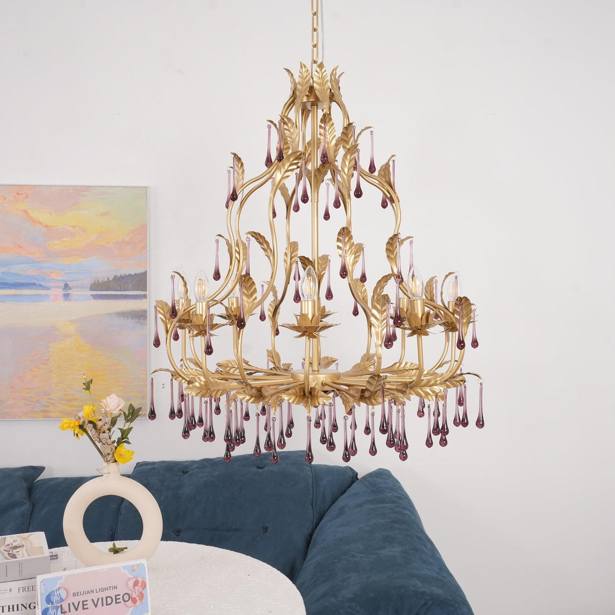 Orienaine hanglamp met paarse druppels en goudkleurige bladeren