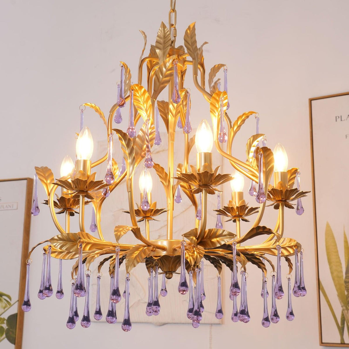 Orienaine hanglamp met paarse druppels en goudkleurige bladeren