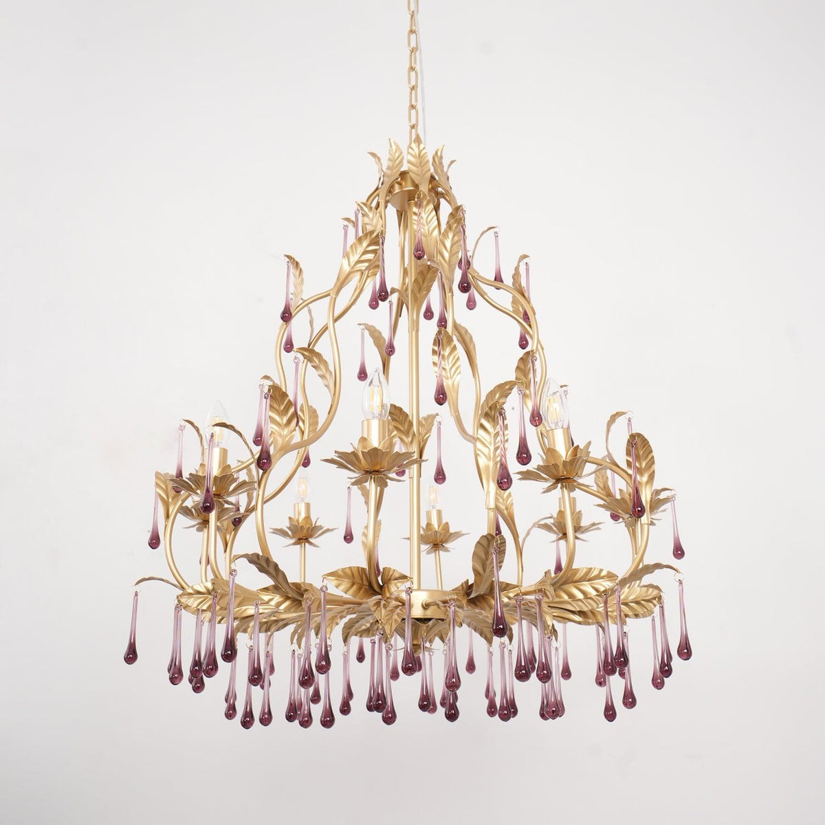 Orienaine hanglamp met paarse druppels en goudkleurige bladeren