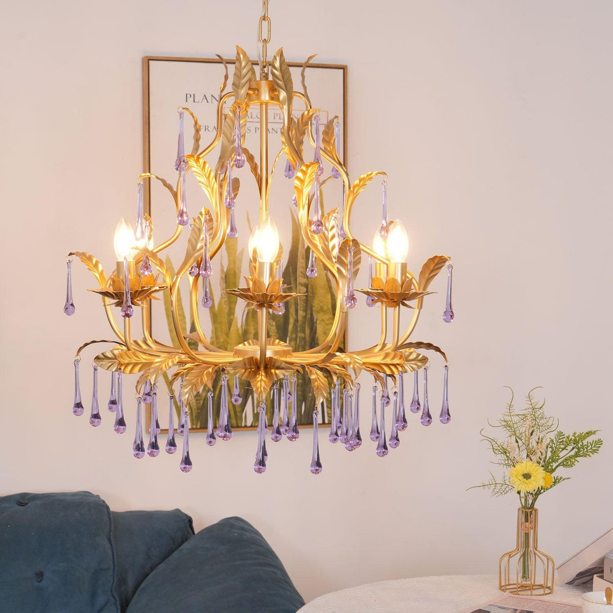 Orienaine hanglamp met paarse druppels en goudkleurige bladeren
