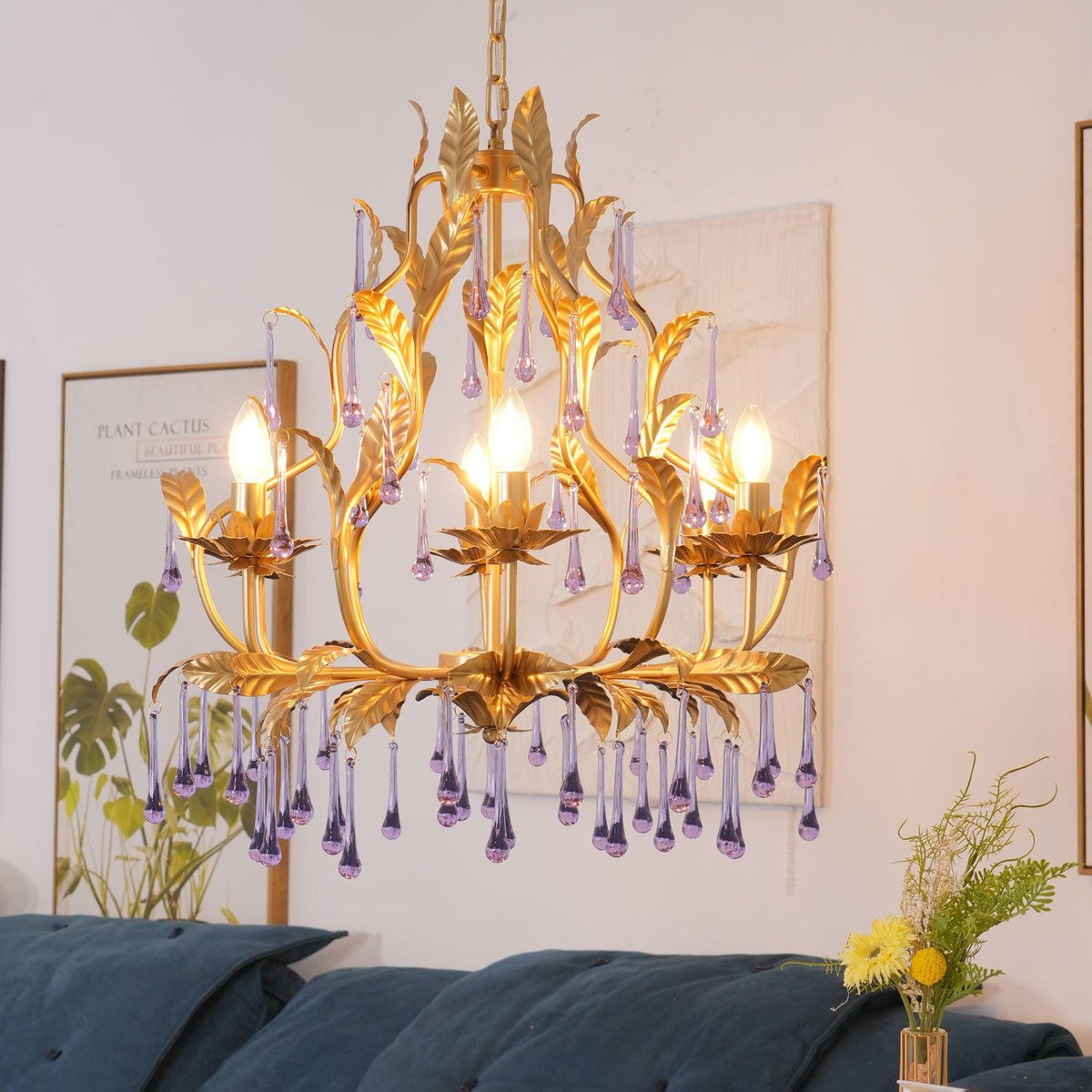 Orienaine hanglamp met paarse druppels en goudkleurige bladeren