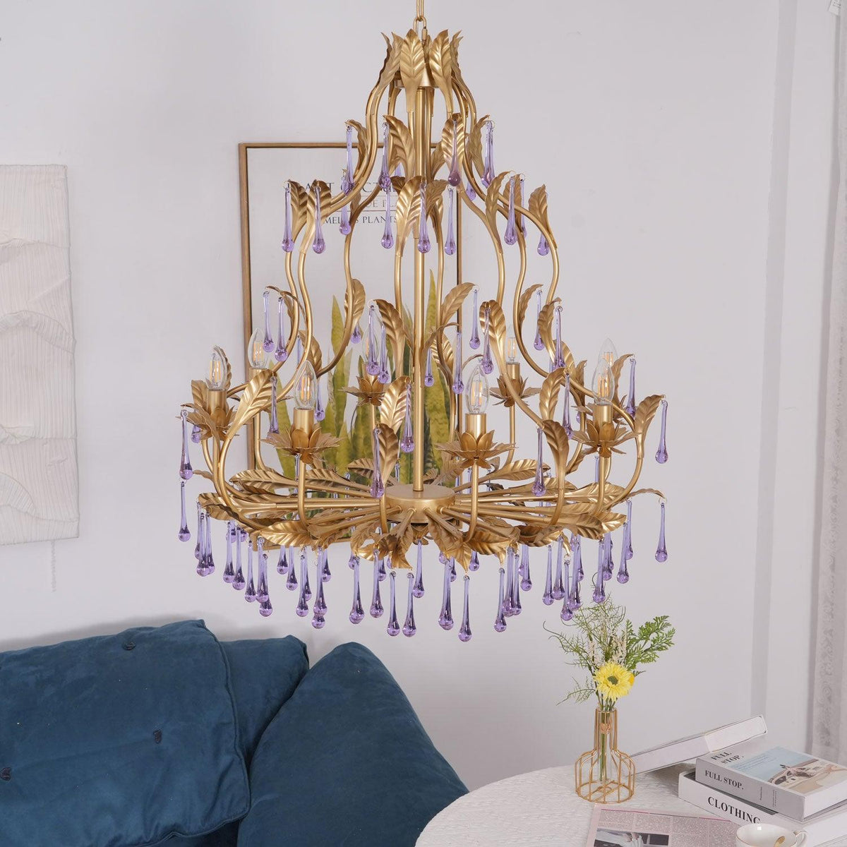 Orienaine hanglamp met paarse druppels en goudkleurige bladeren