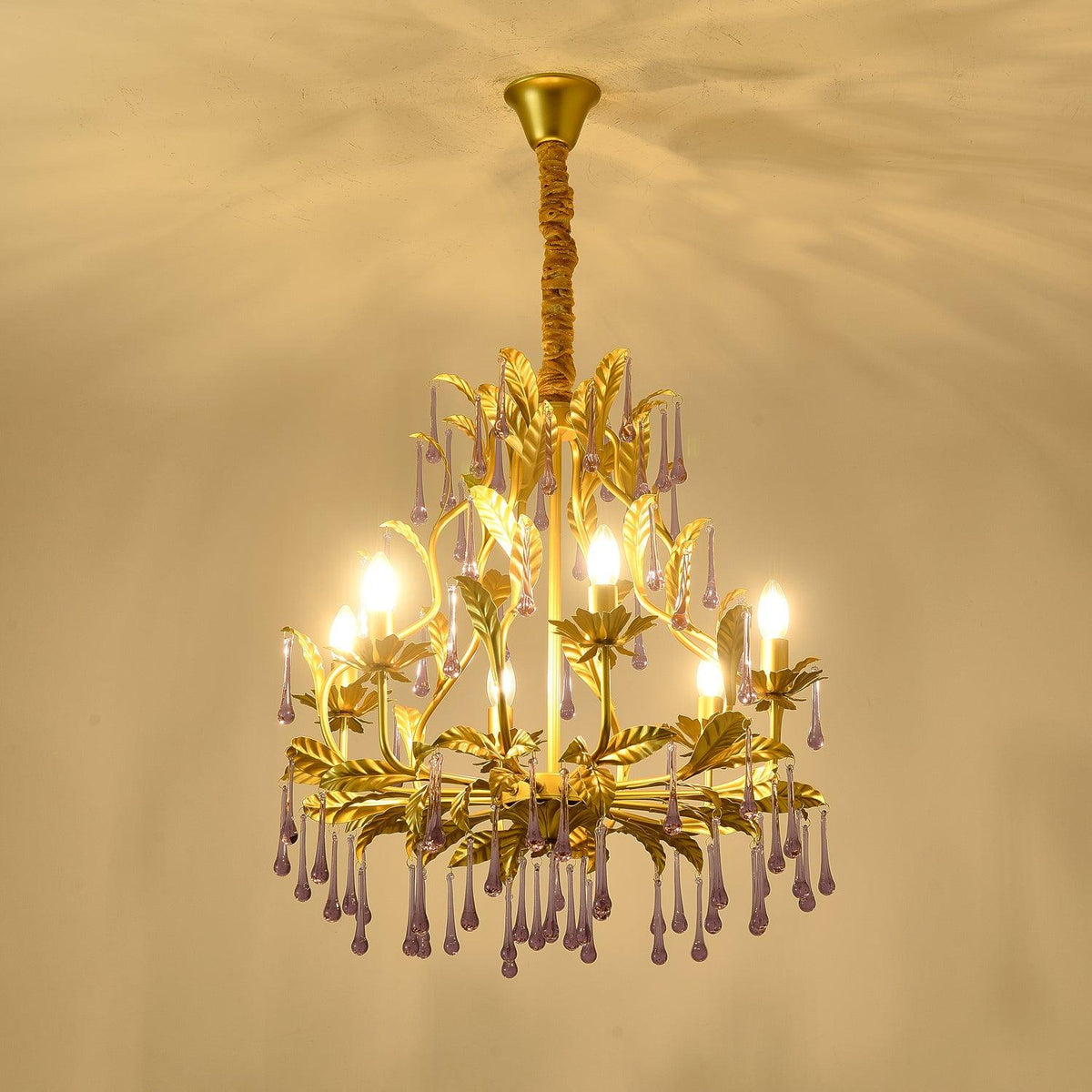 Orienaine hanglamp met paarse druppels en goudkleurige bladeren