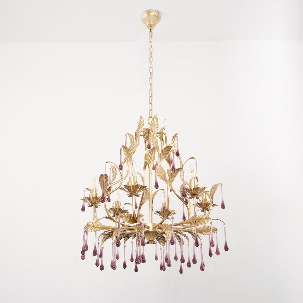 Orienaine hanglamp met paarse druppels en goudkleurige bladeren