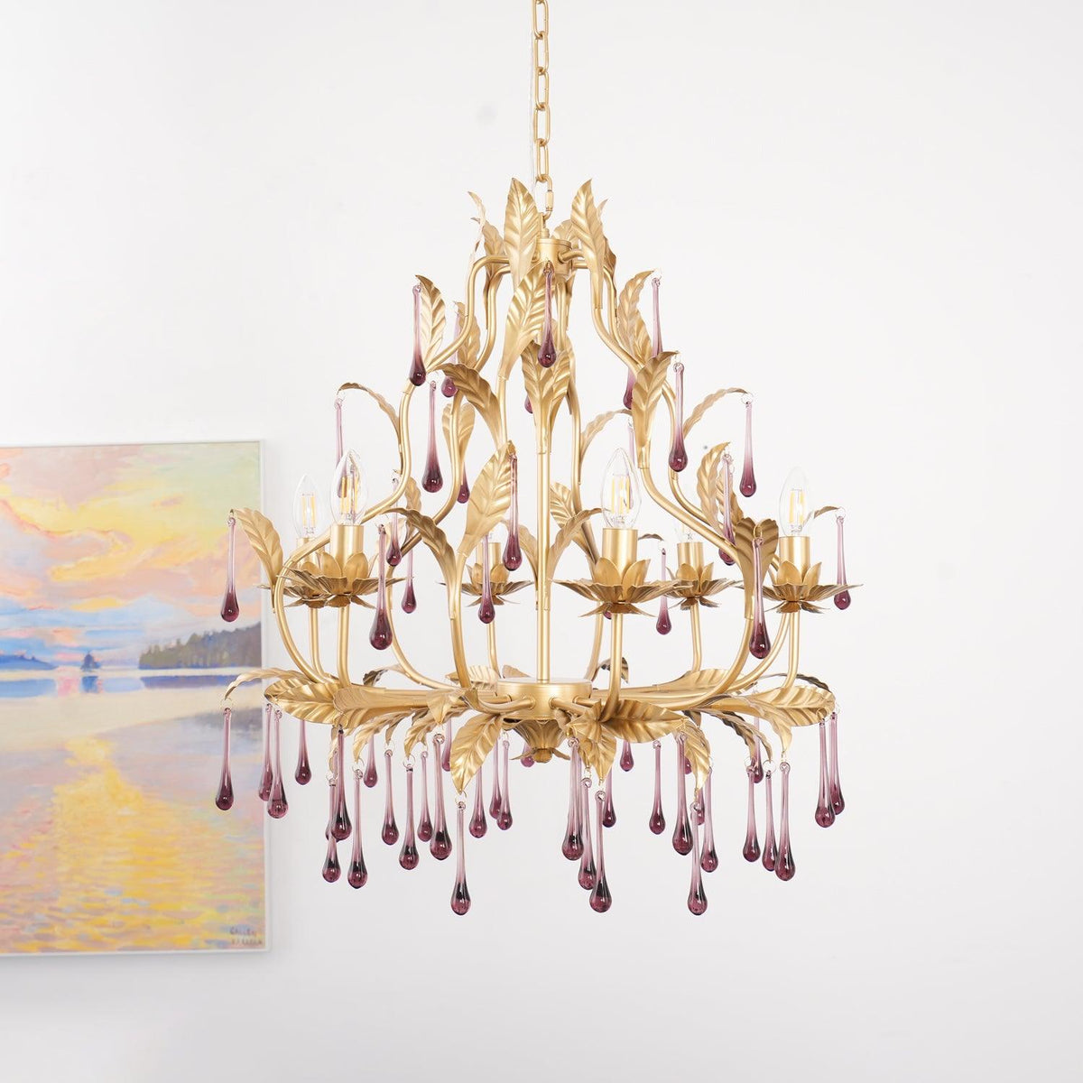 Orienaine hanglamp met paarse druppels en goudkleurige bladeren