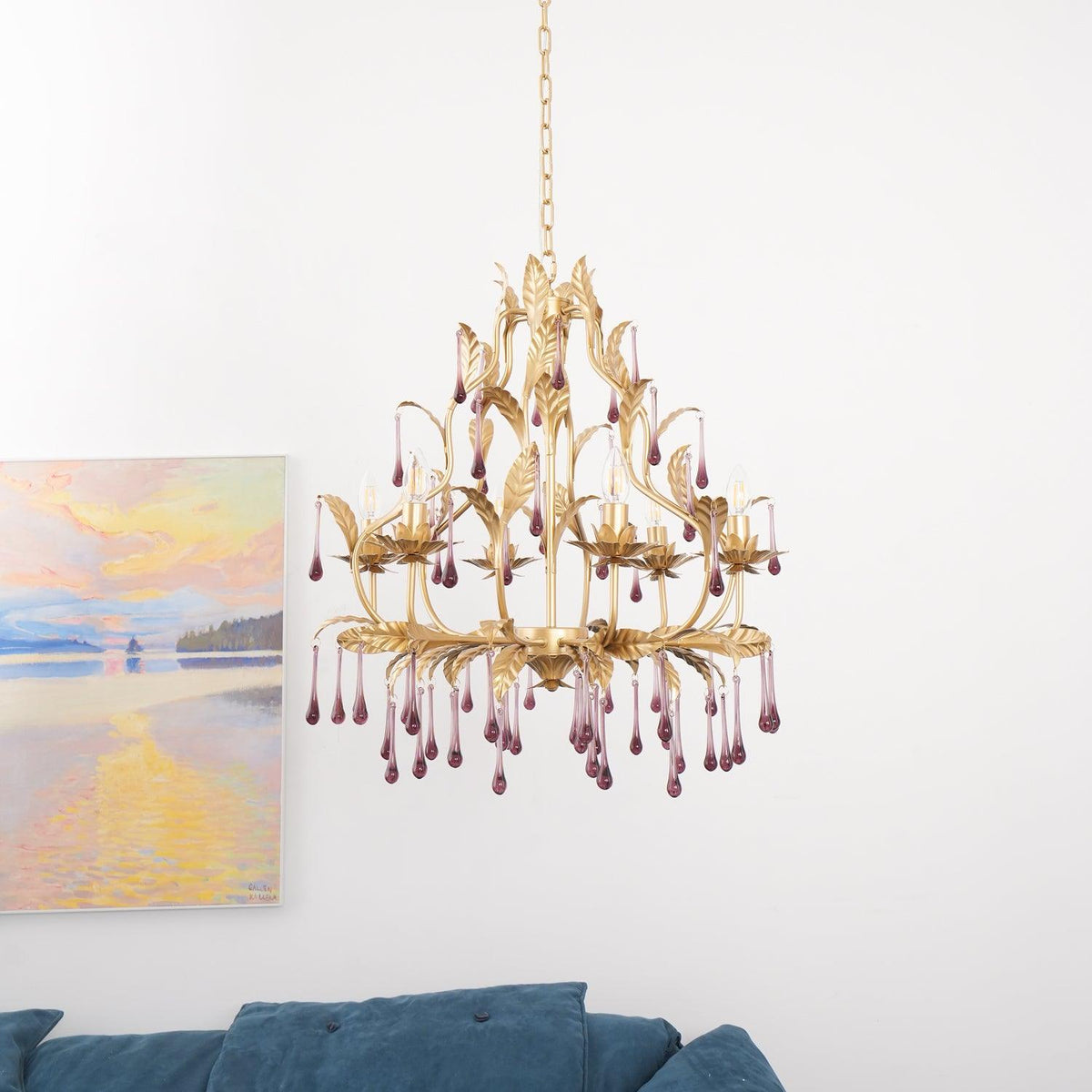 Orienaine hanglamp met paarse druppels en goudkleurige bladeren