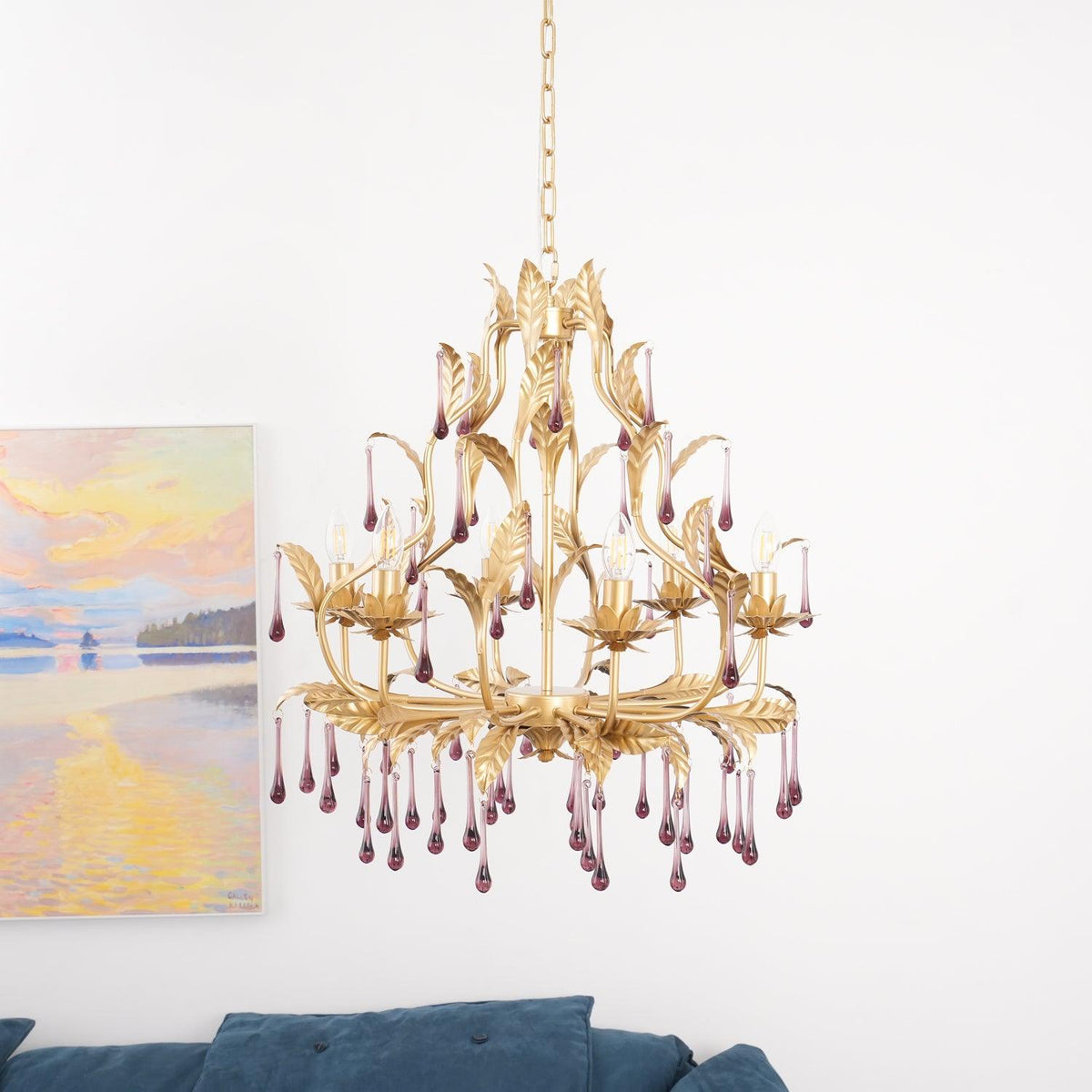 Orienaine hanglamp met paarse druppels en goudkleurige bladeren