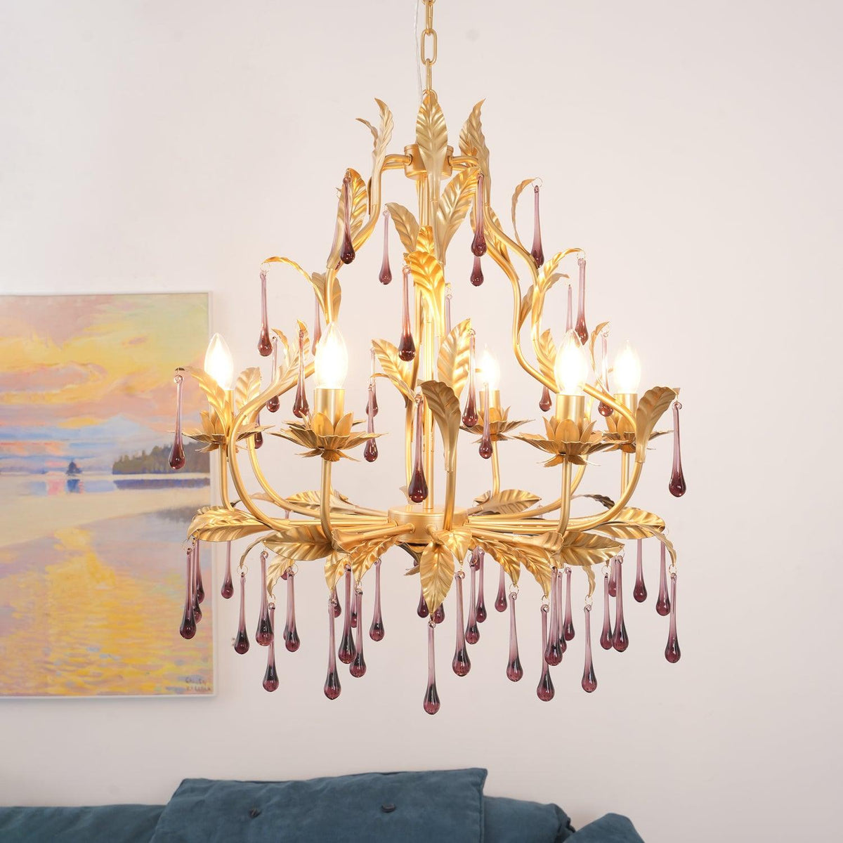 Orienaine hanglamp met paarse druppels en goudkleurige bladeren