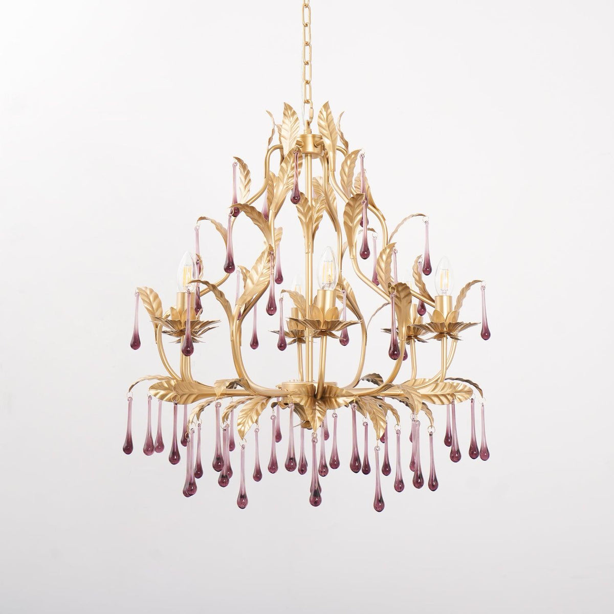 Orienaine hanglamp met paarse druppels en goudkleurige bladeren