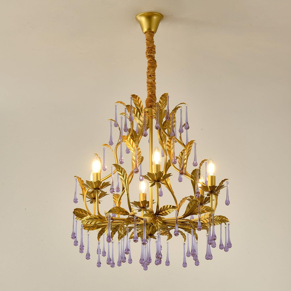Orienaine hanglamp met paarse druppels en goudkleurige bladeren
