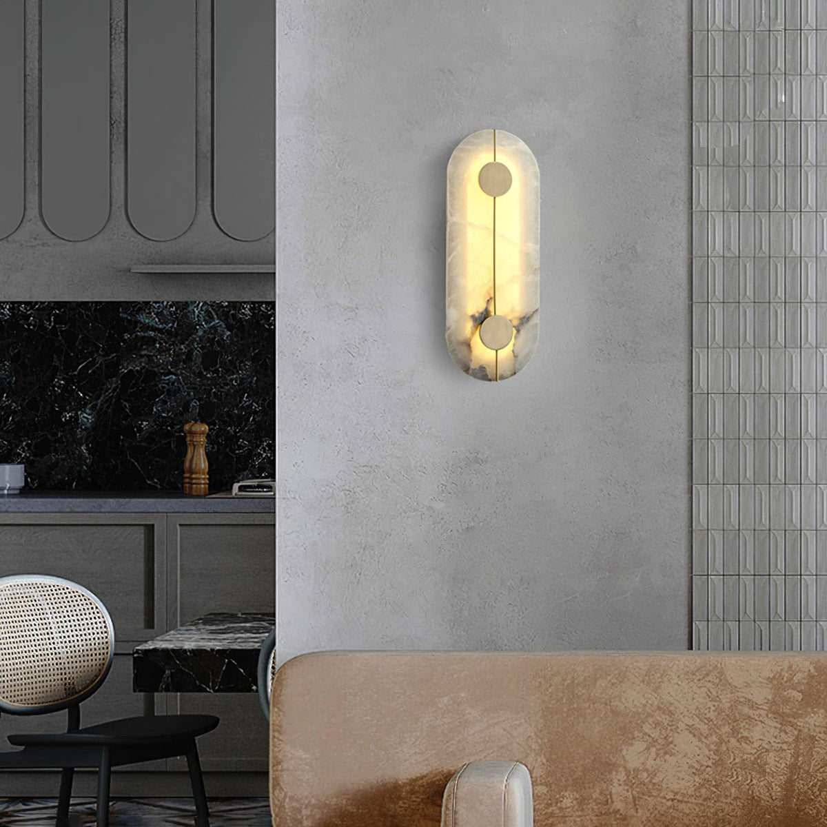 Artistieke wandlamp van dolomiet en koper met retro-uitstraling