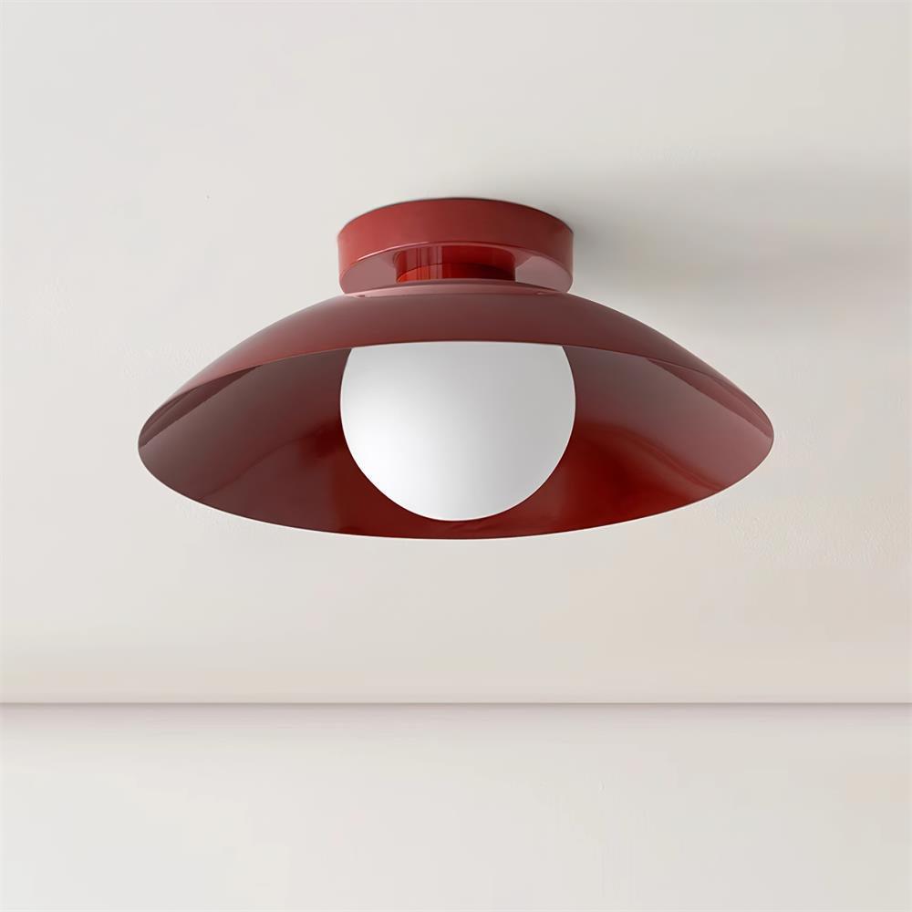 Plafondlamp met metalen plafondkap en glazen kap in diverse kleuren