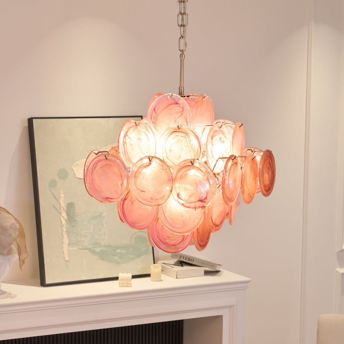Celeian Kroonluchter Roze Iridescent Glazen Schijven Gelaagd Romantisch