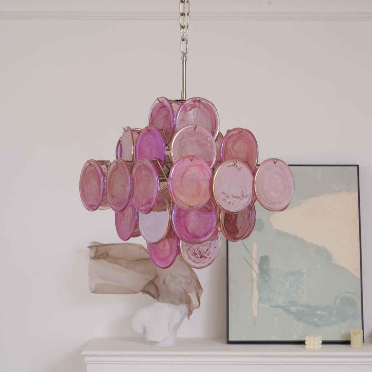 Celeian Kroonluchter Roze Iridescent Glazen Schijven Gelaagd Romantisch