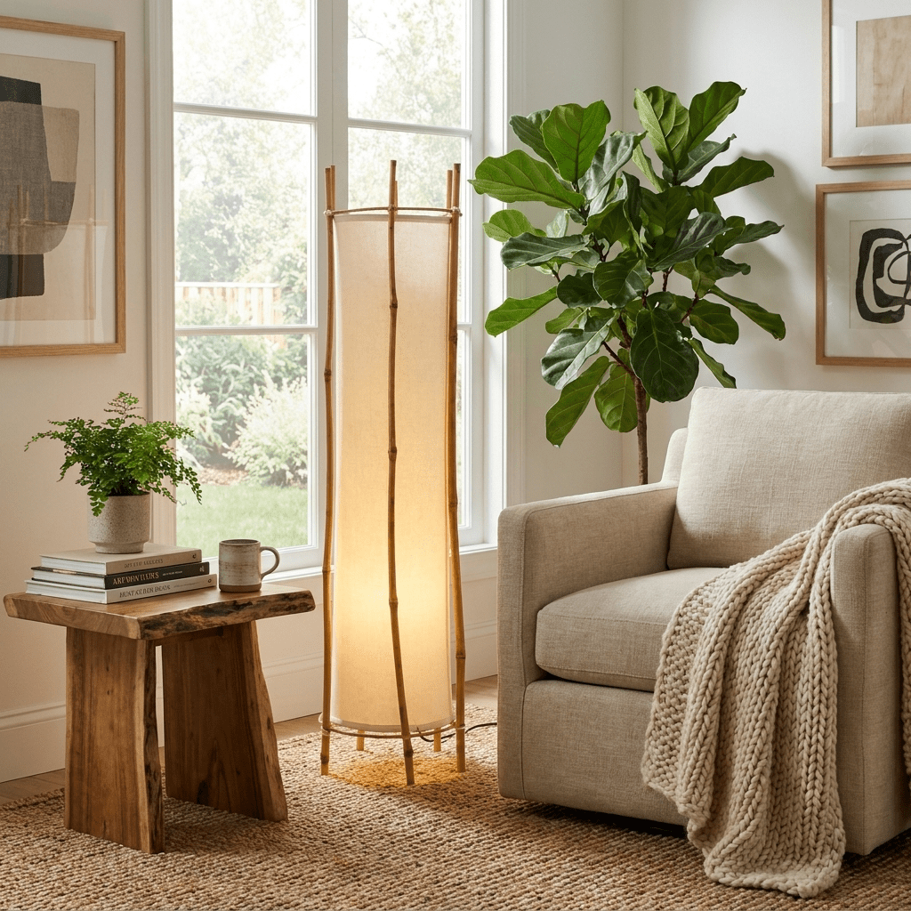 Canuia vloerlamp met bamboe-veil en lampenkap