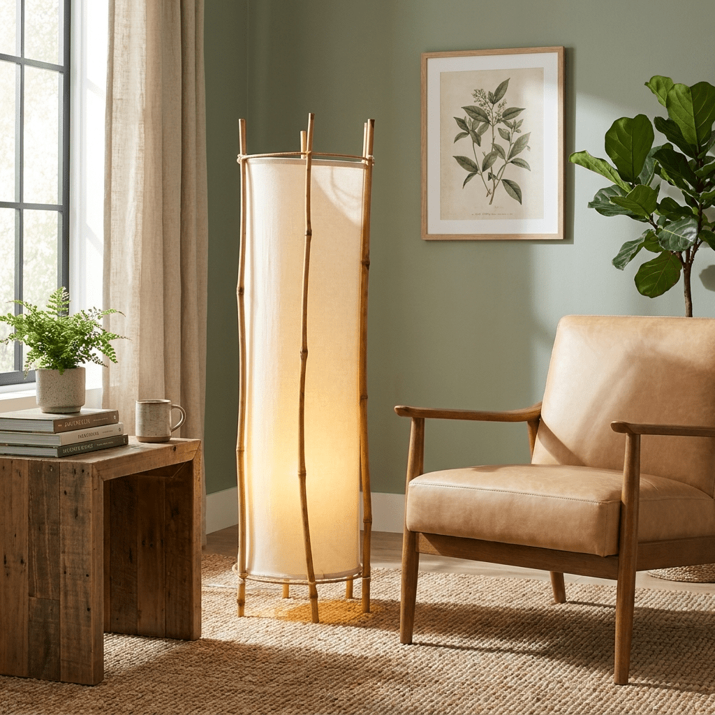 Canuia vloerlamp met bamboe-veil en lampenkap