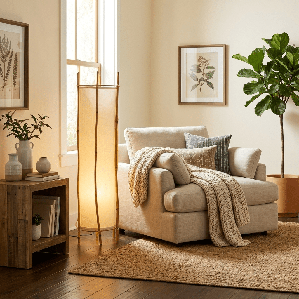 Canuia vloerlamp met bamboe-veil en lampenkap