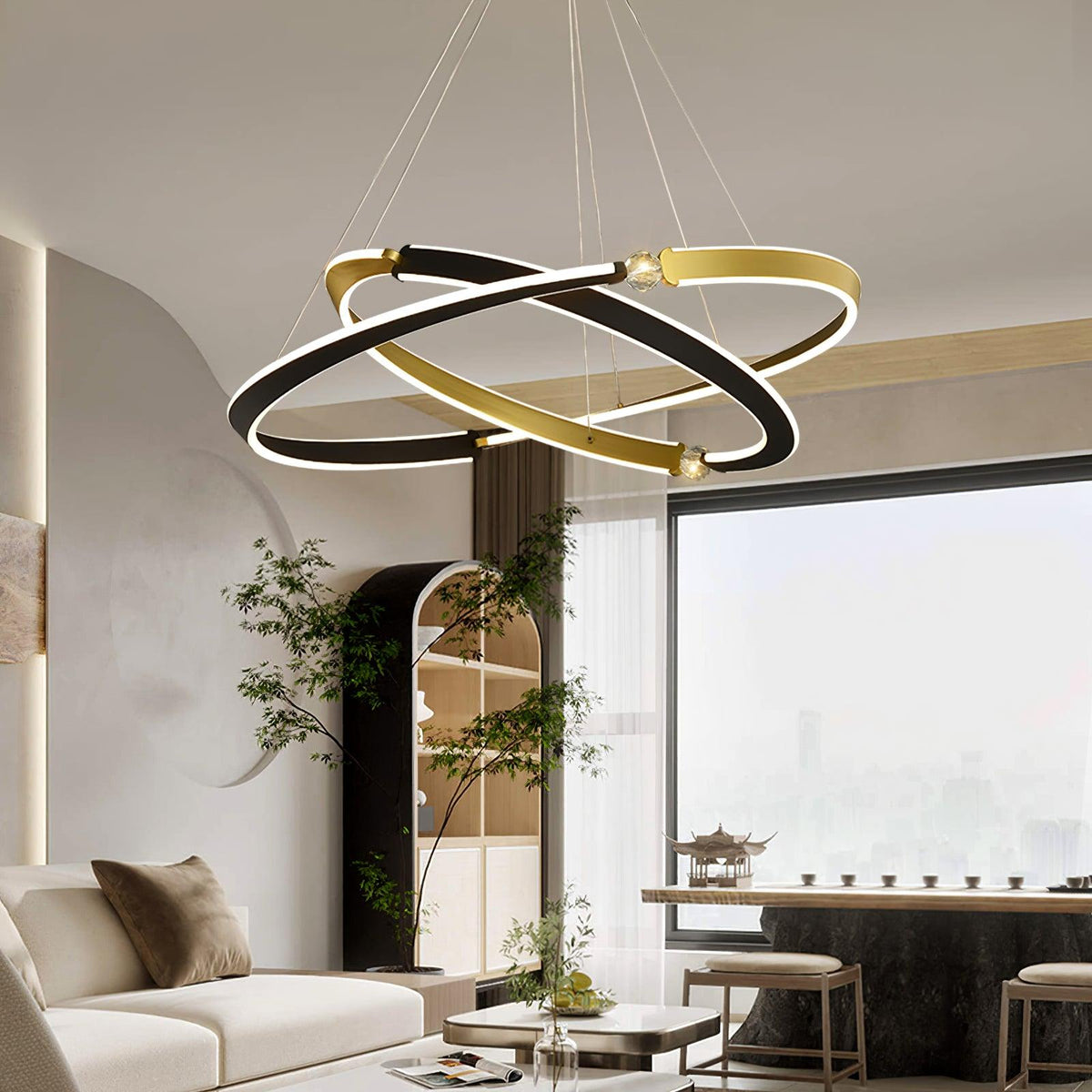 Elyerora kroonluchter kristal zwart goud LED ring modern voor eetkamer