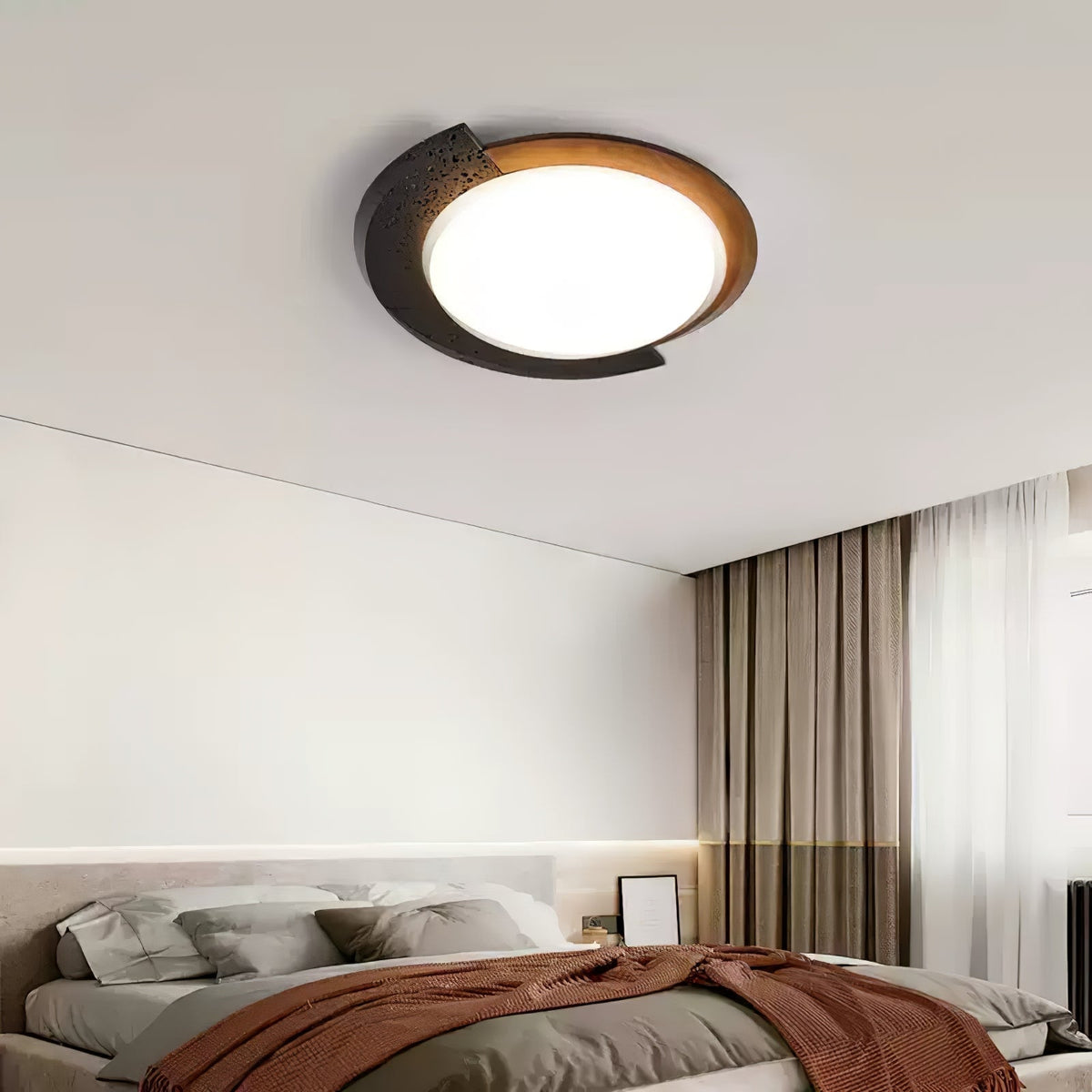 Taveira asymmetrische plafondlamp van zwarte travertin en donker walnoot