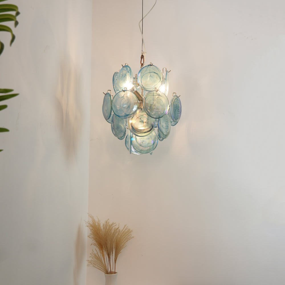Liororine kroonluchter met blauwe Murano-glas schijven in vintage stijl