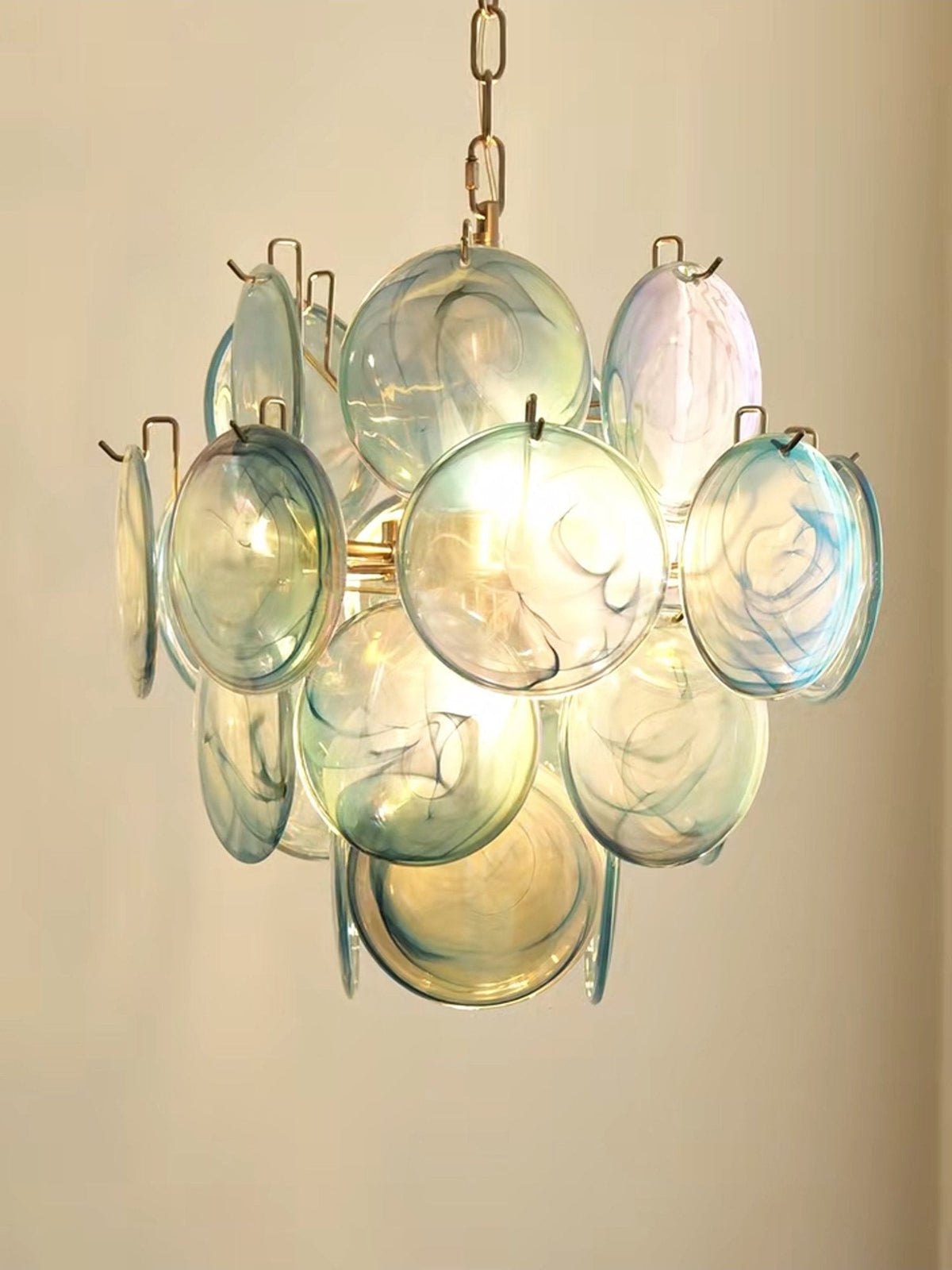 Liororine kroonluchter met blauwe Murano-glas schijven in vintage stijl