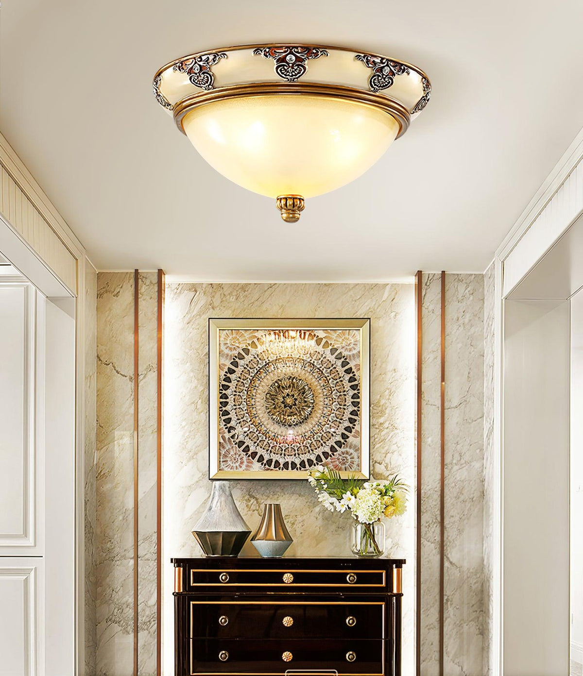 Eiriveon plafondlamp met matglas en antiek beige frame