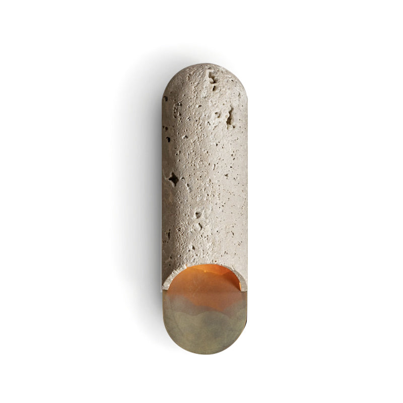 Capsulevormige wandlamp van geel travertin, marmer en messing