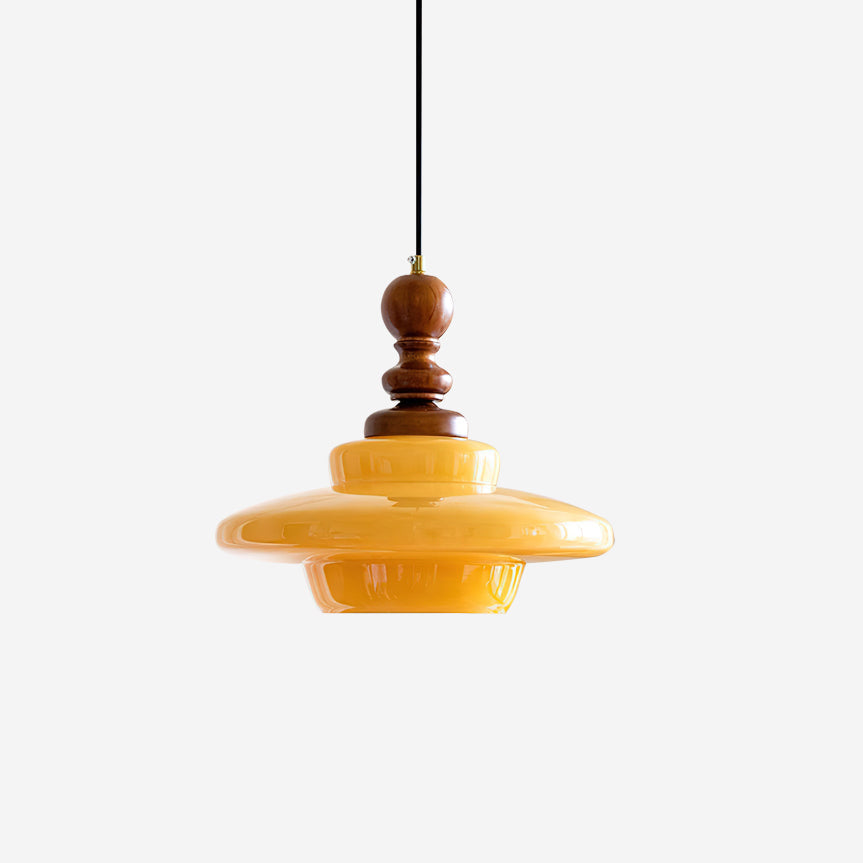 Hanglamp geel glas met walnoothout accent retro