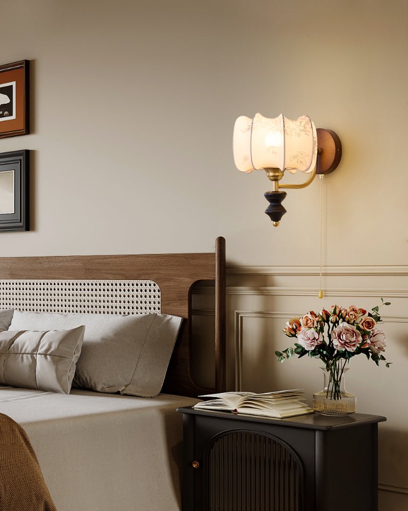 Eshae Premium Noordse kunst wandlamp met stoffen kap en hout