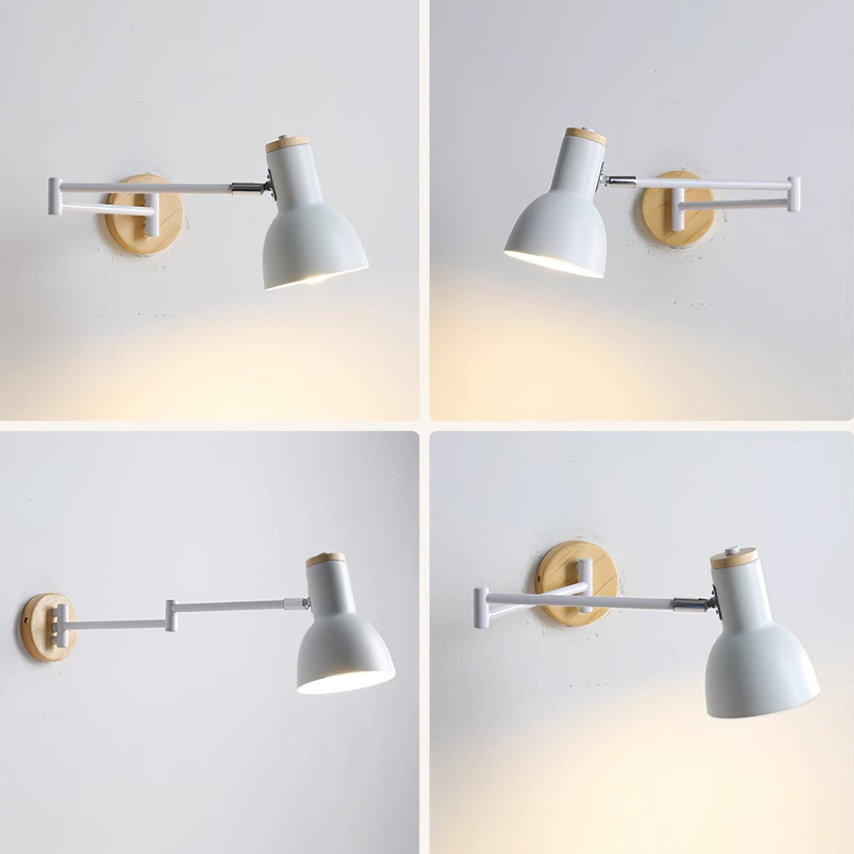 Moderne wandlamp met verstelbare arm, conische kap en houten basis voor de studie