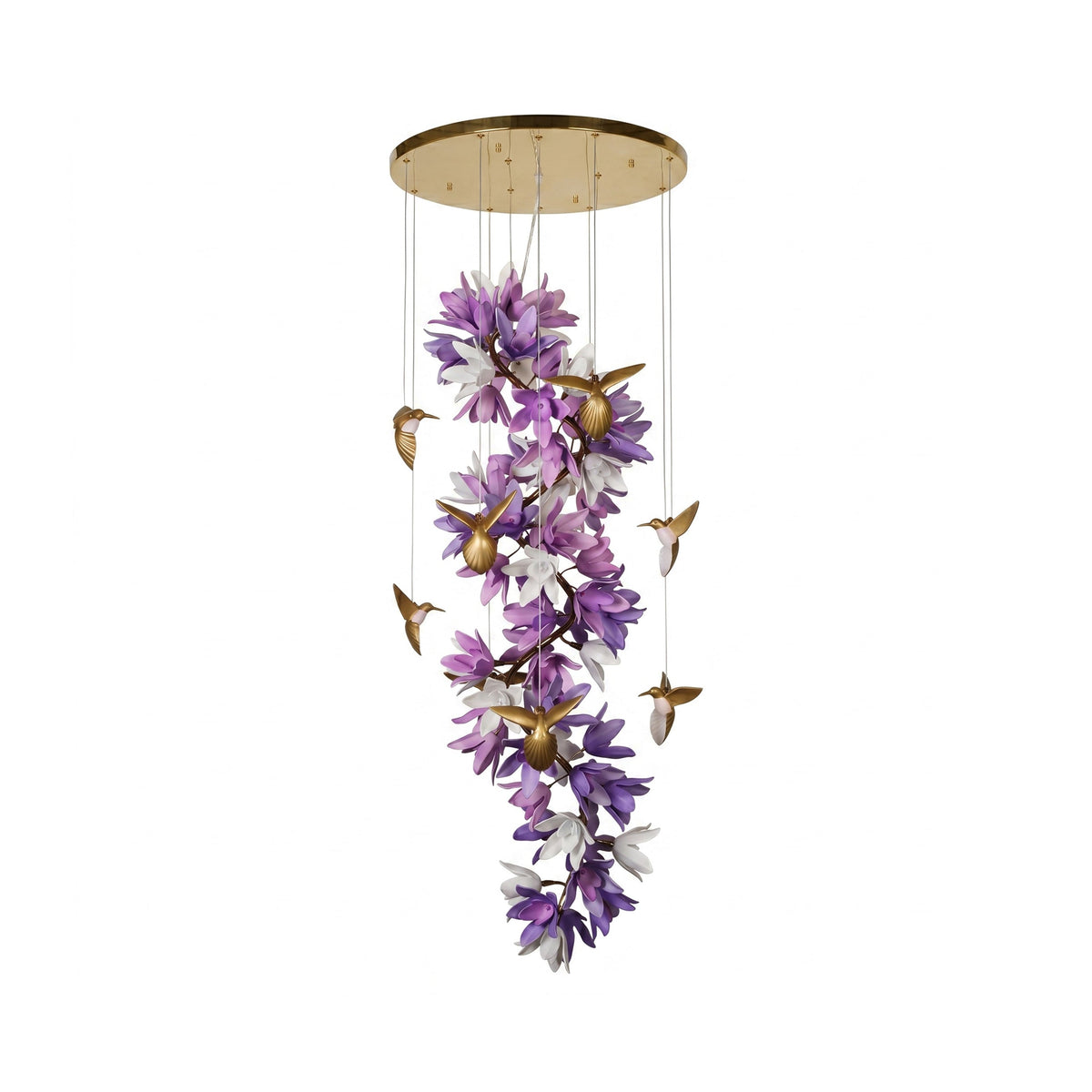 Riveora kroonluchter met goudkleurige afwerking en paarse bloemen