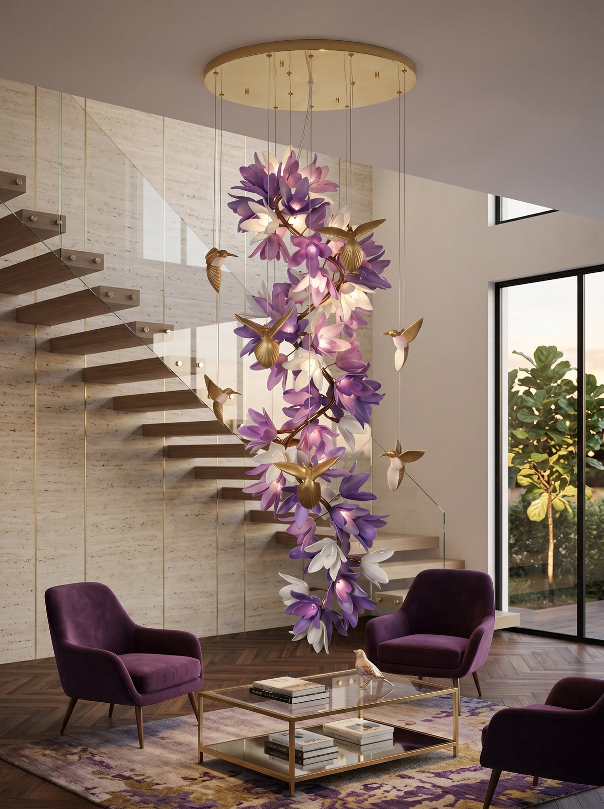 Riveora kroonluchter met goudkleurige afwerking en paarse bloemen