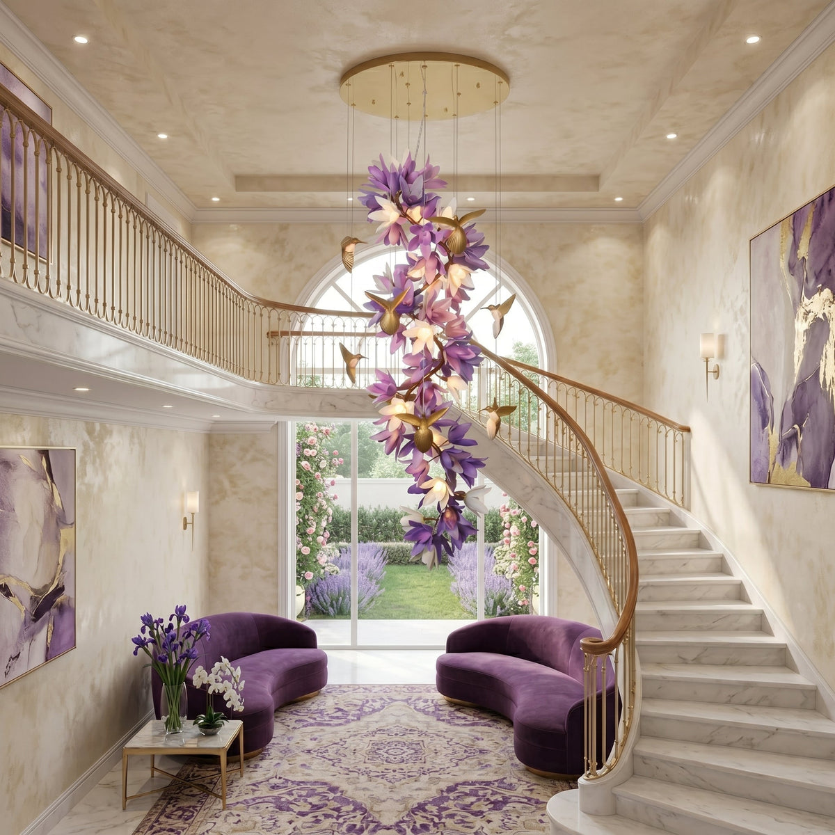 Riveora kroonluchter met goudkleurige afwerking en paarse bloemen
