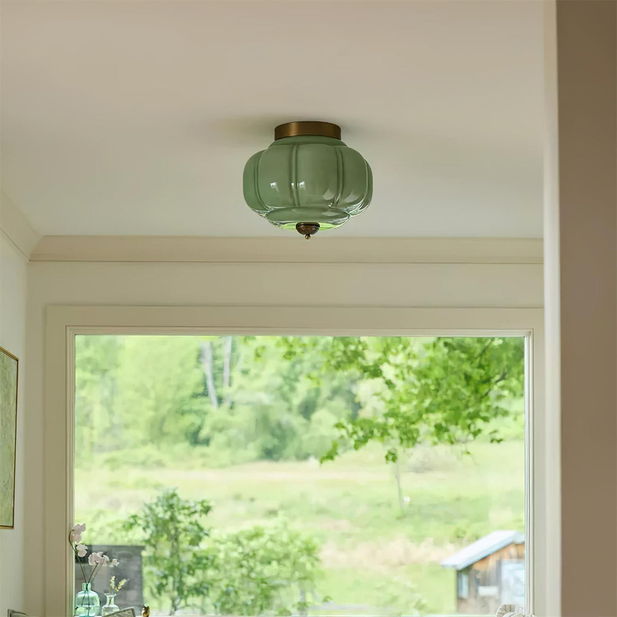 Selviro plafondlamp groen glas messing klassiek