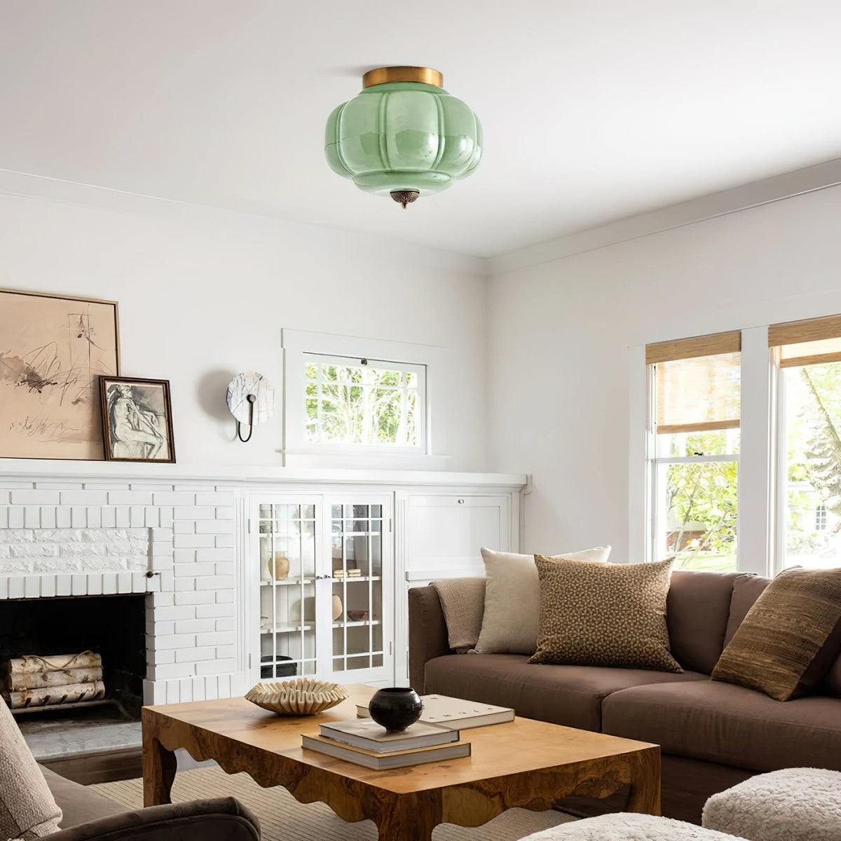 Selviro plafondlamp groen glas messing klassiek