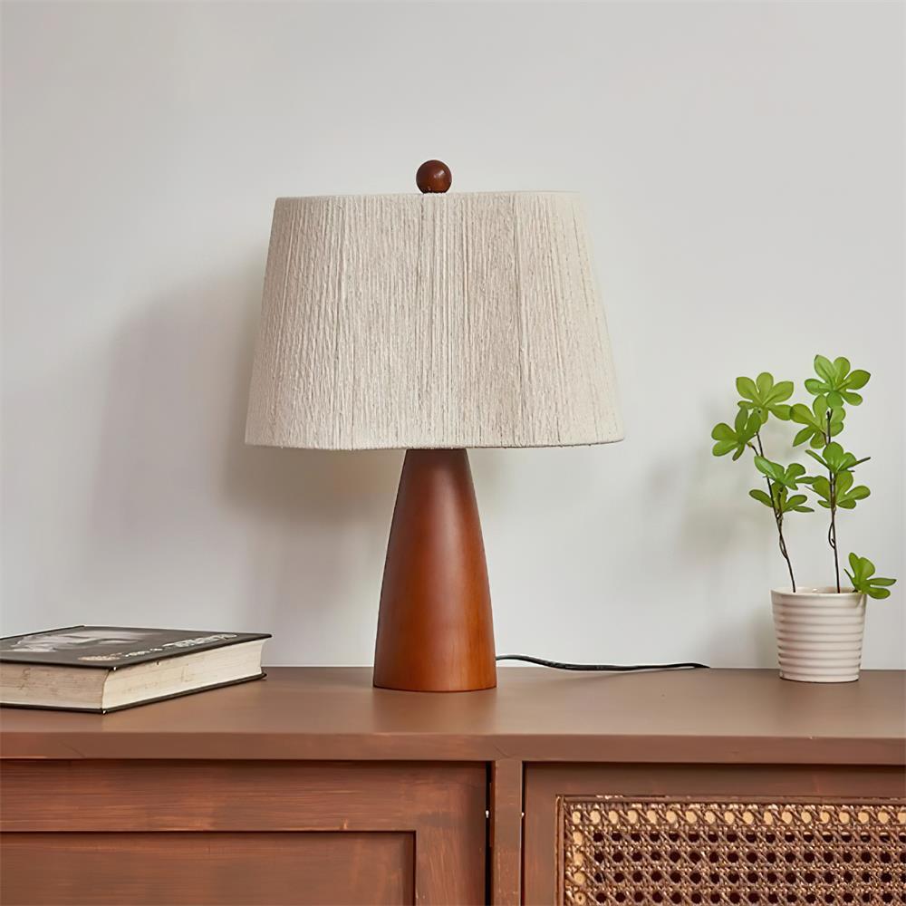 Renoina tafellamp met walnotkleur en beige henneprope kap