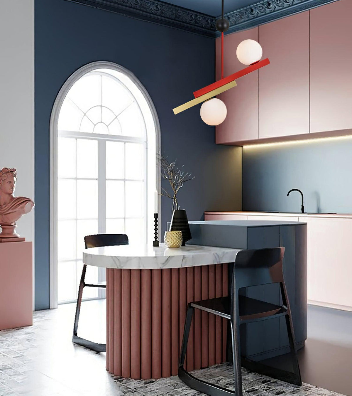 Veveny hanglamp met dubbele bollen en lineaire balken in geometrische stijl