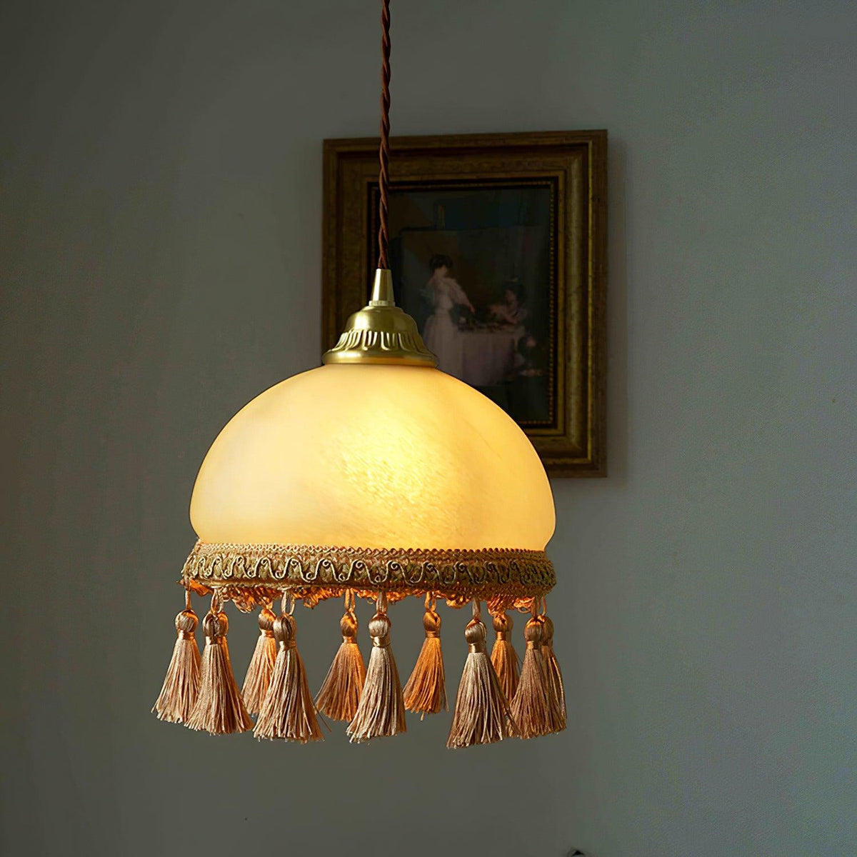 Sycaran hanglamp met franjes in messing en glas