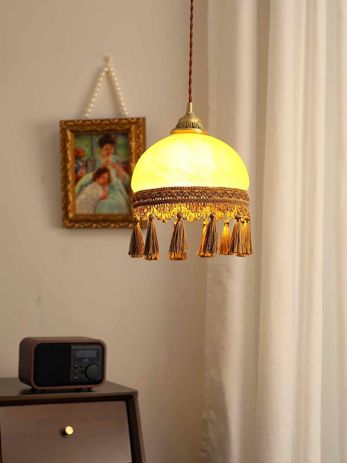 Sycaran hanglamp met franjes in messing en glas